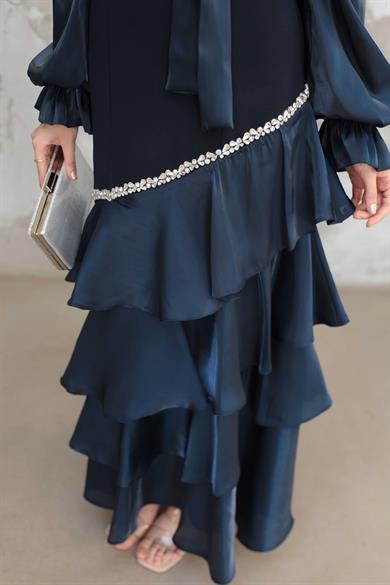 Fırfır Detay Organze Taş İşleme Abiye - Lacivert