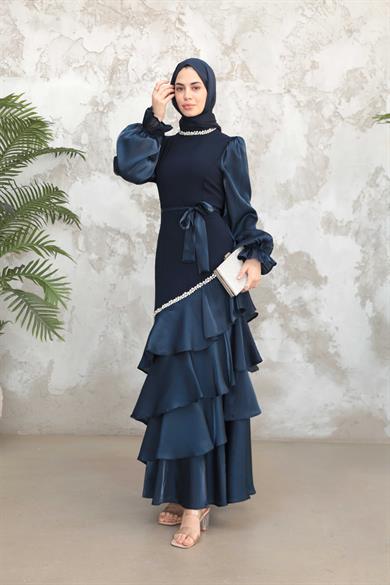 Fırfır Detay Organze Taş İşleme Abiye - Lacivert