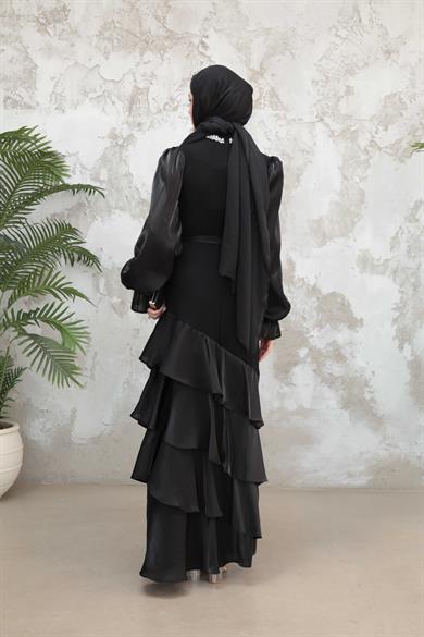 Fırfır Detay Organze Taş İşleme Abiye - Siyah