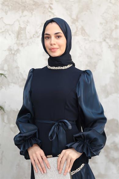 Fırfır Detay Organze Taş İşleme Abiye - Lacivert