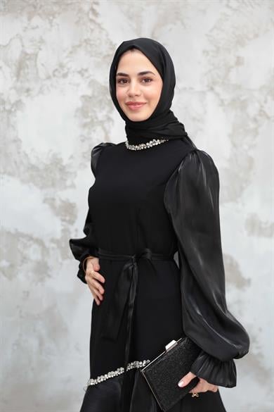 Fırfır Detay Organze Taş İşleme Abiye - Siyah