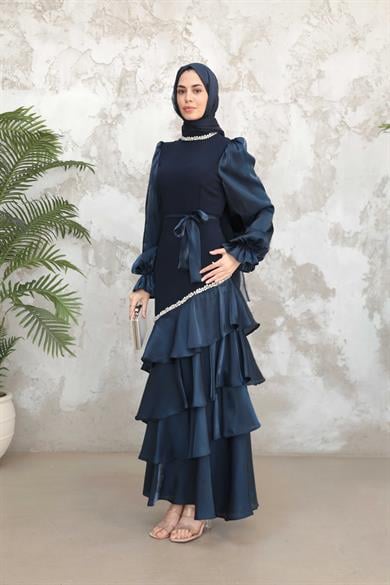 Fırfır Detay Organze Taş İşleme Abiye - Lacivert
