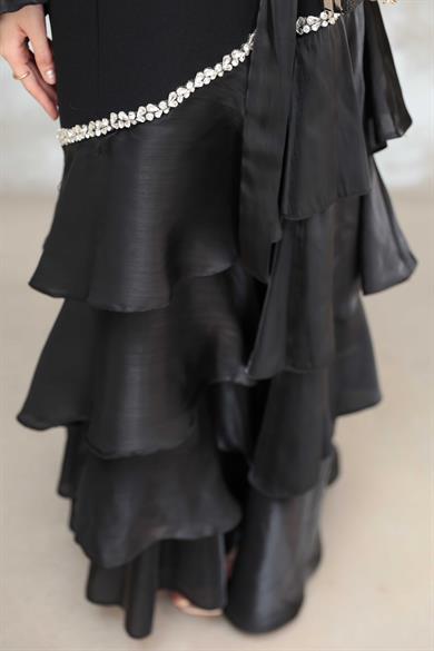 Fırfır Detay Organze Taş İşleme Abiye - Siyah