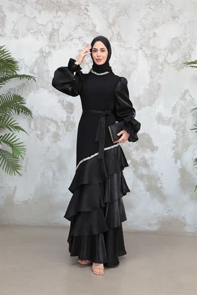 Fırfır Detay Organze Taş İşleme Abiye - Siyah