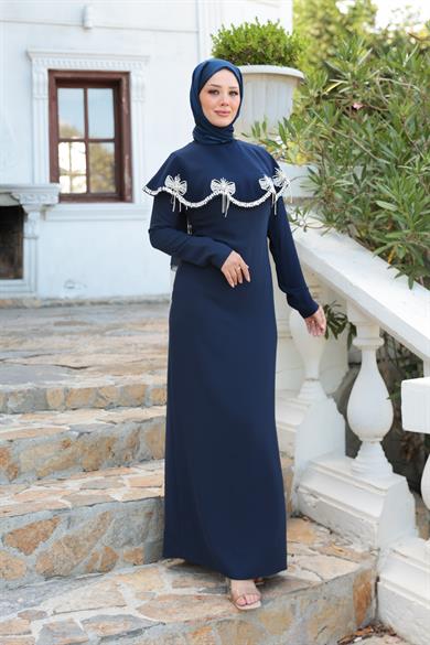 Fiyonk Detaylı Taş İşlemeli Abiye - Lacivert