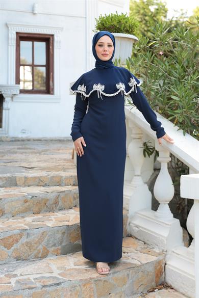 Fiyonk Detaylı Taş İşlemeli Abiye - Lacivert