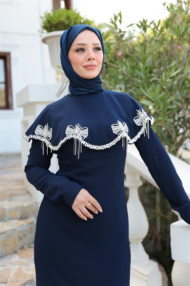 Fiyonk Detaylı Taş İşlemeli Abiye - Lacivert