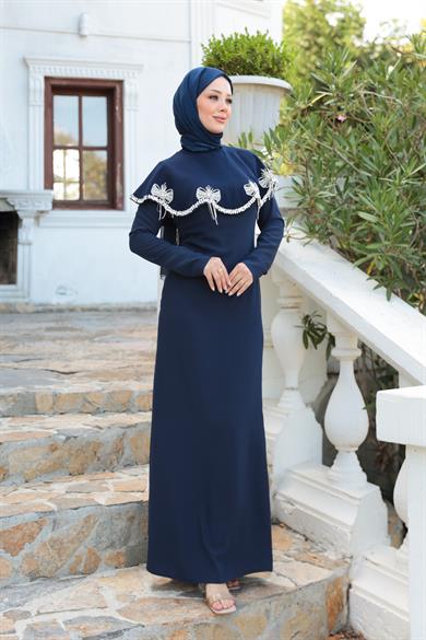 Fiyonk Detaylı Taş İşlemeli Abiye - Lacivert