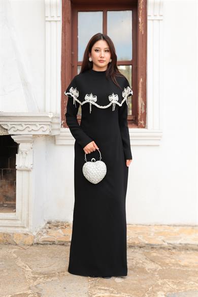 Fiyonk Detaylı Taş İşlemeli Abiye - Siyah