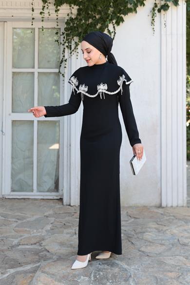 Fiyonk Detaylı Taş İşlemeli Abiye - Siyah