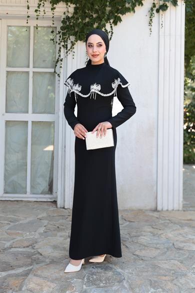 Fiyonk Detaylı Taş İşlemeli Abiye - Siyah