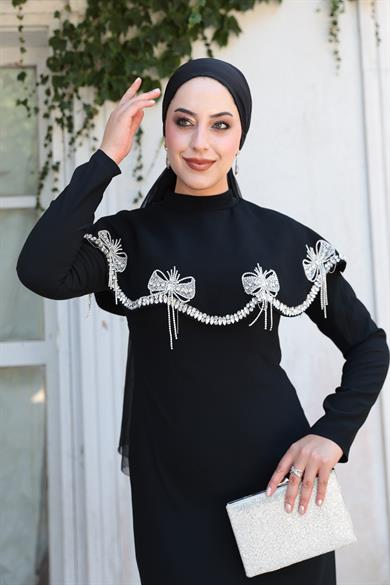 Fiyonk Detaylı Taş İşlemeli Abiye - Siyah