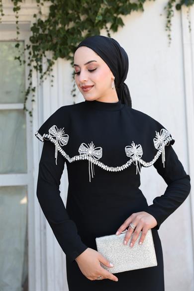 Fiyonk Detaylı Taş İşlemeli Abiye - Siyah
