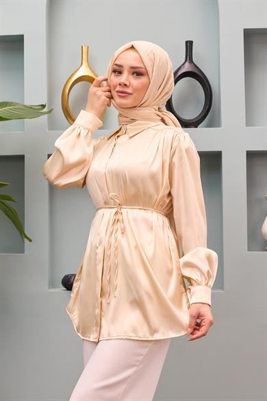 Gamze Waist Tied Satin Shirt - Beige