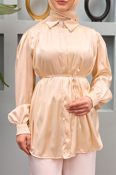 Gamze Waist Tied Satin Shirt - Beige