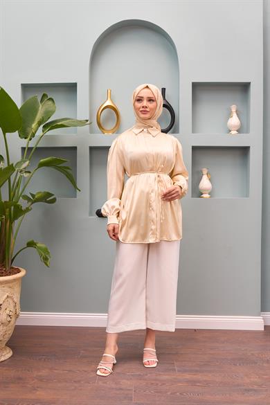 Gamze Waist Tied Satin Shirt - Beige