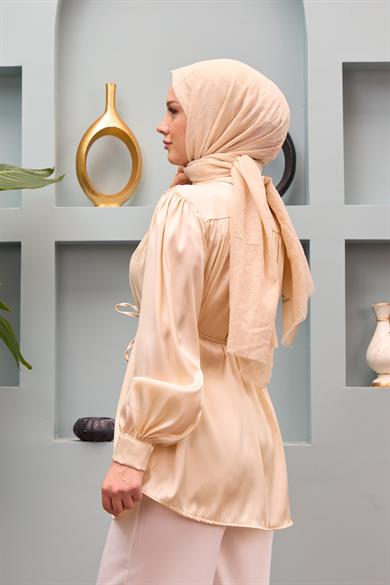 Gamze Waist Tied Satin Shirt - Beige