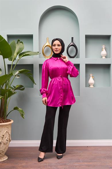 Gamze Waist Tied Satin Shirt - Fuchsia