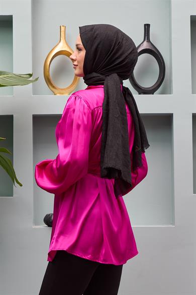 Gamze Waist Tied Satin Shirt - Fuchsia