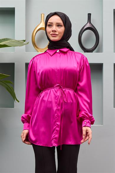 Gamze Waist Tied Satin Shirt - Fuchsia
