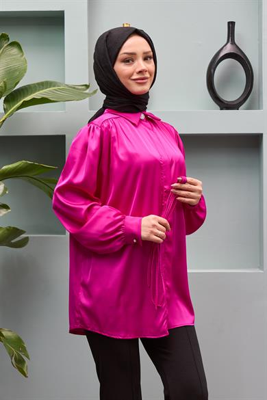 Gamze Waist Tied Satin Shirt - Fuchsia