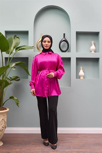 Gamze Waist Tied Satin Shirt - Fuchsia