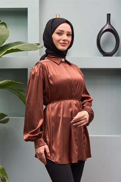 Gamze Waist Tied Satin Shirt - Brown