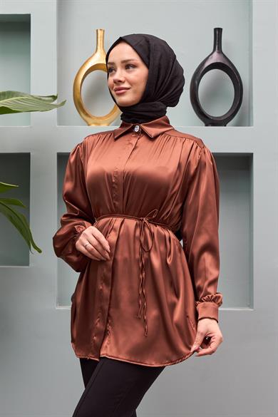 Gamze Waist Tied Satin Shirt - Brown