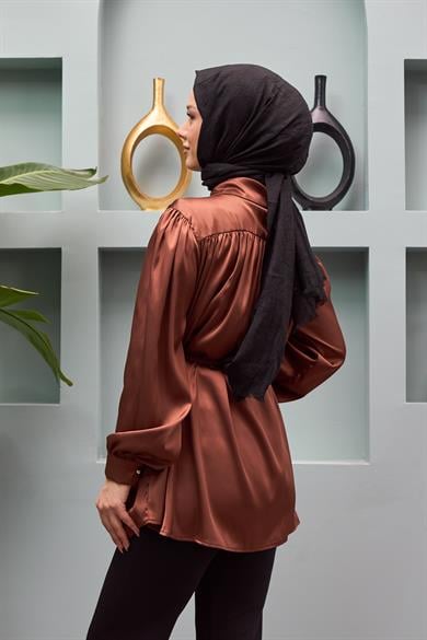Gamze Waist Tied Satin Shirt - Brown