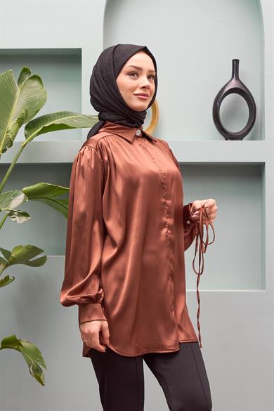 Gamze Waist Tied Satin Shirt - Brown