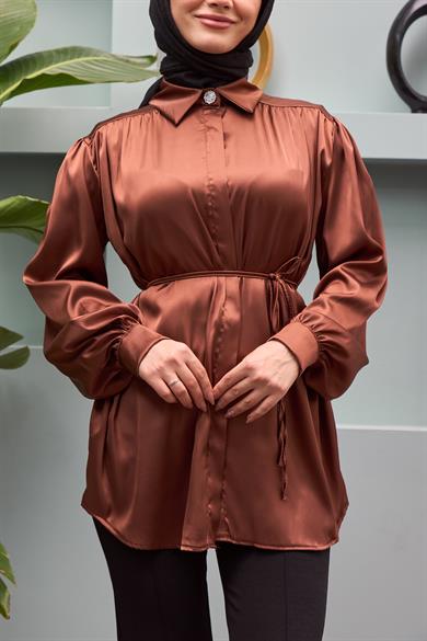 Gamze Waist Tied Satin Shirt - Brown