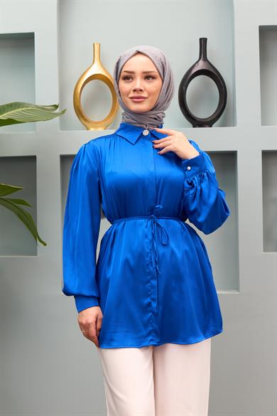 Gamze Waist Tied Satin Shirt - Saks Blue