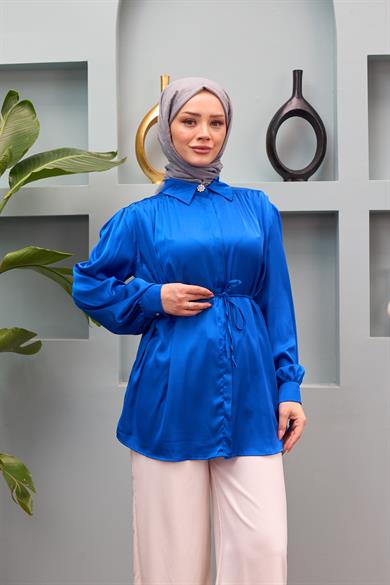 Gamze Waist Tied Satin Shirt - Saks Blue
