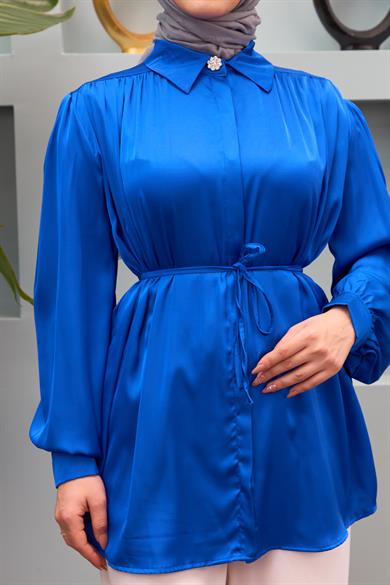 Gamze Waist Tied Satin Shirt - Saks Blue