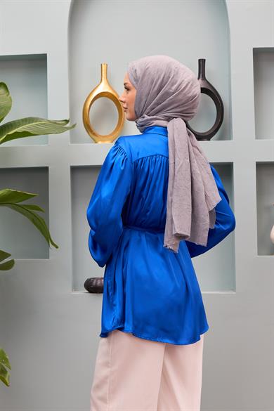Gamze Waist Tied Satin Shirt - Saks Blue
