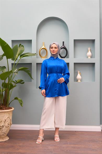 Gamze Waist Tied Satin Shirt - Saks Blue