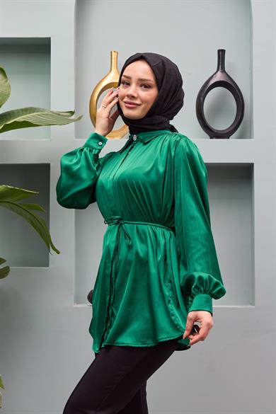 Gamze Waist Tied Satin Shirt - Emerald Green
