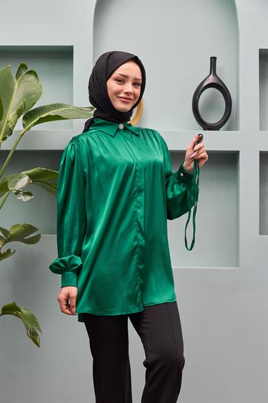 Gamze Waist Tied Satin Shirt - Emerald Green