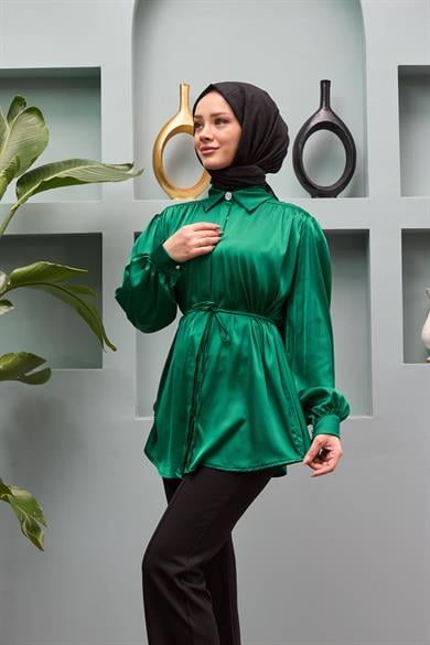 Gamze Waist Tied Satin Shirt - Emerald Green