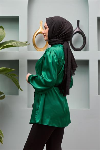 Gamze Waist Tied Satin Shirt - Emerald Green