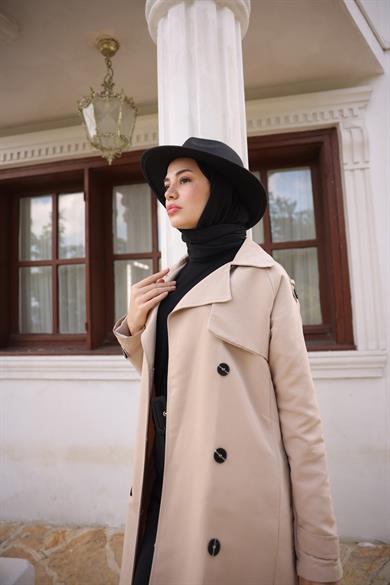 Wide Collar Buttoned Trench Coat - Beige