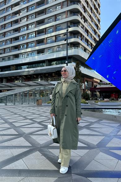 Wide Collar Buttoned Trench Coat - Khaki