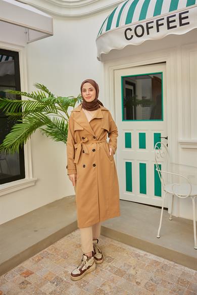 Wide Collar Buttoned Trench Coat - Tan
