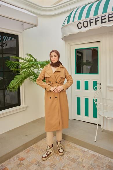 Wide Collar Buttoned Trench Coat - Tan