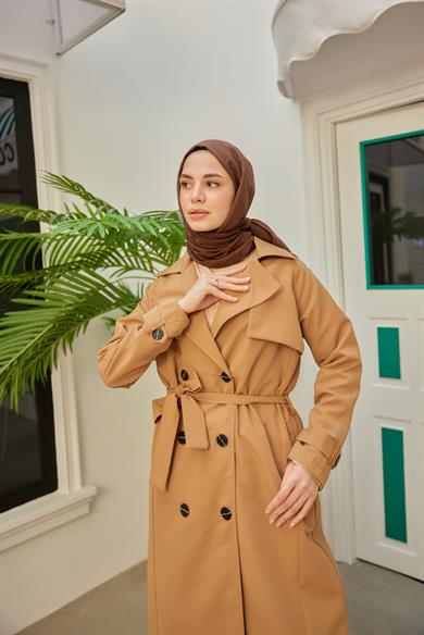 Wide Collar Buttoned Trench Coat - Tan