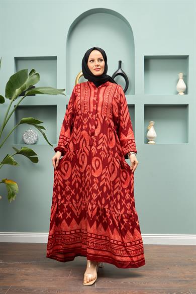 Geometric Patterned Long Dress - Red