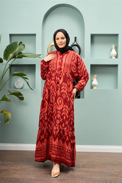 Geometric Patterned Long Dress - Red