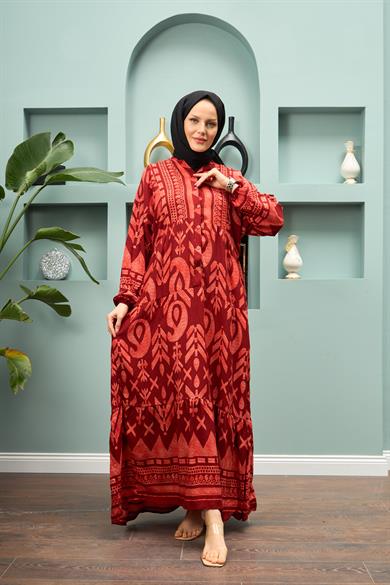 Geometric Patterned Long Dress - Red