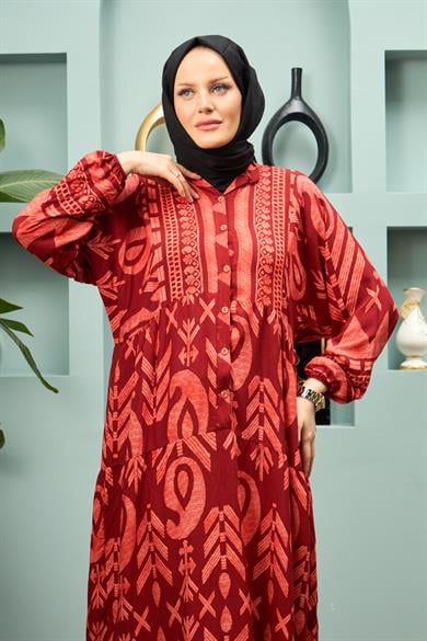 Geometric Patterned Long Dress - Red