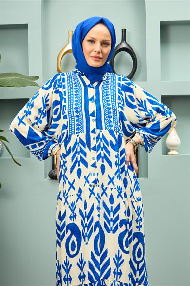Geometric Patterned Long Dress - Blue